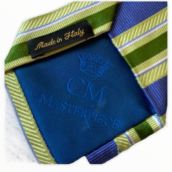 CM Masterpiece Men's Blue/Green Stripe Silk Tie - Picture 3 of 4